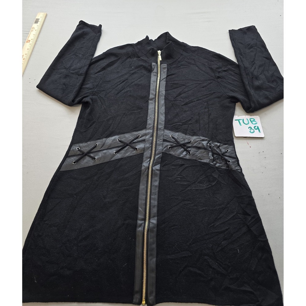 Belldini Womens Black Knit Full Zip Tunic Sweater Faux Leather Lace Up Large